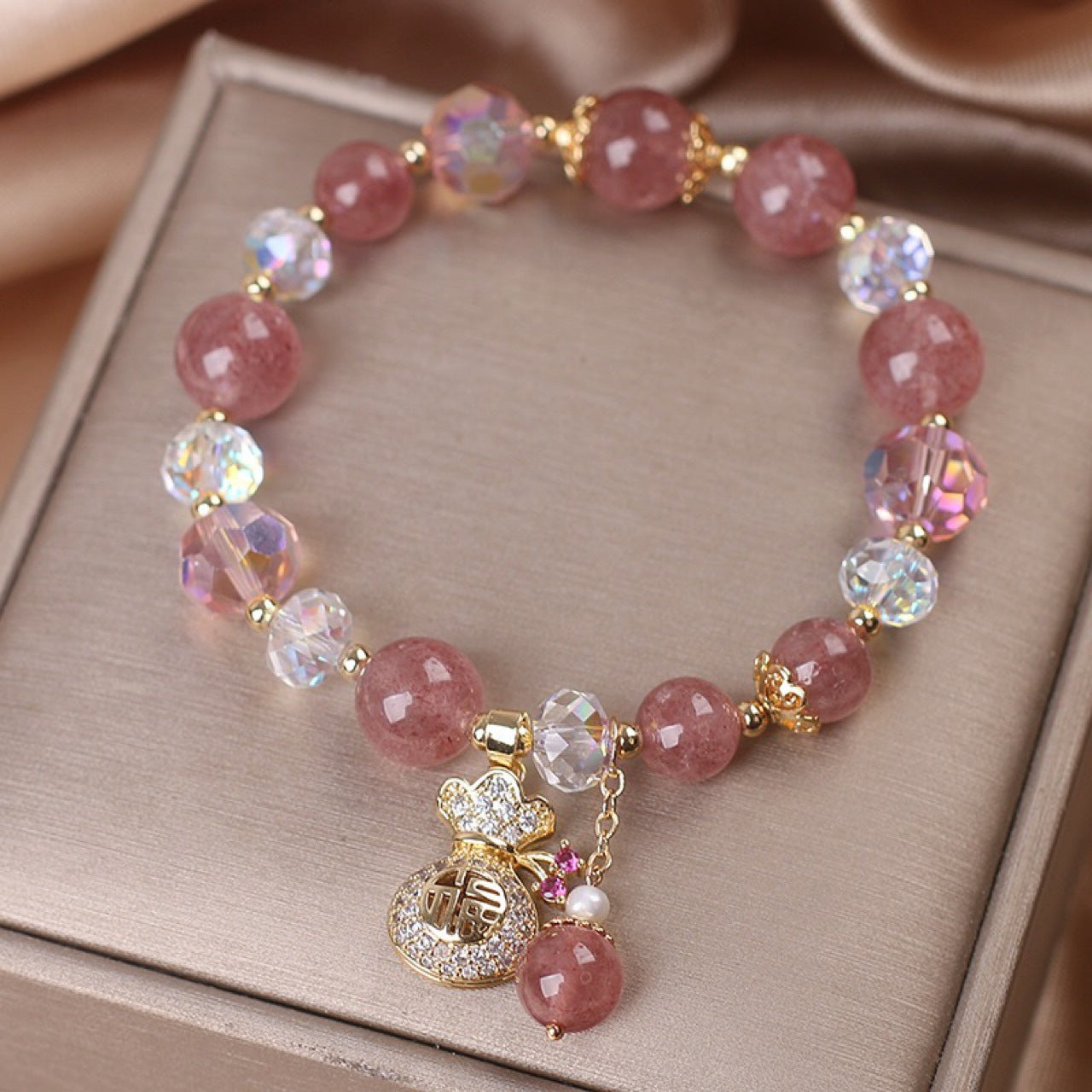 Women's Diamond Purse with Strawberry Quartz Bracelet