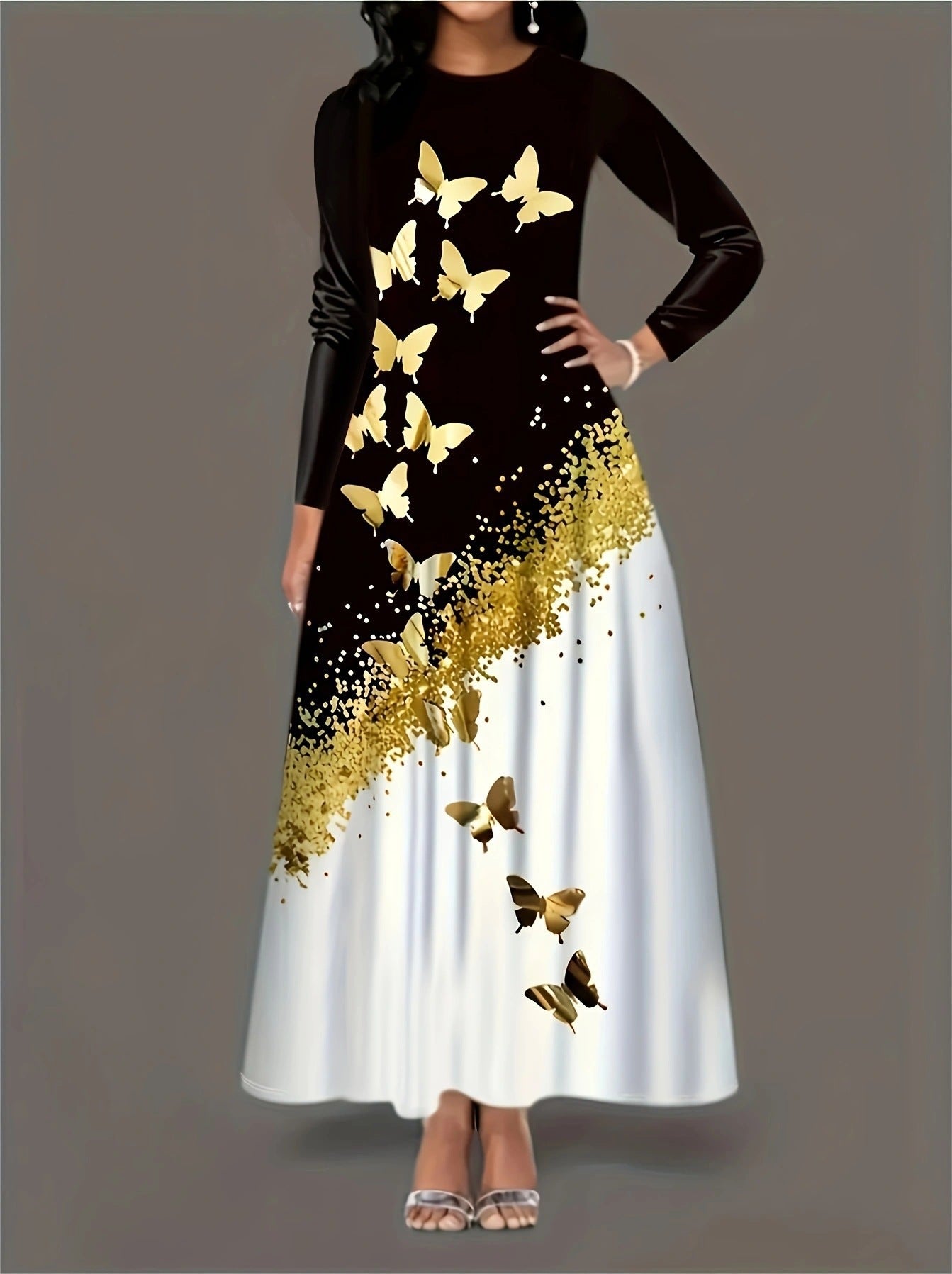 Style Butterfly Print Long Sleeve Round Neck A-Line Dress with Pockets