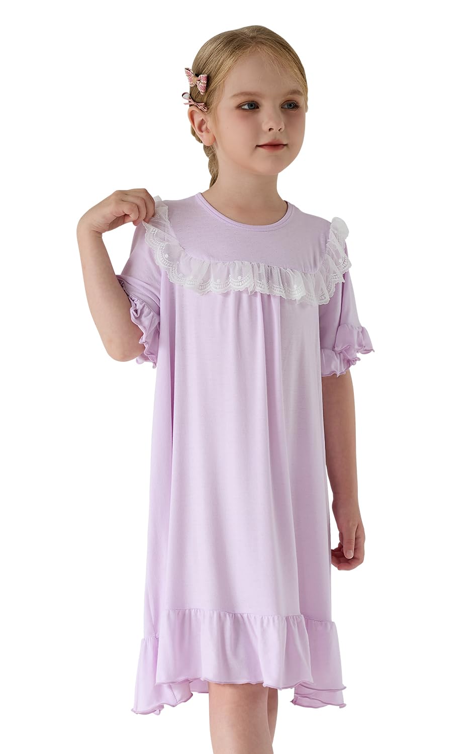 kiddook Girls Princess DressSoft Summer Short Sleeve Casual Dresses 3-12Years（Purple5-6Years