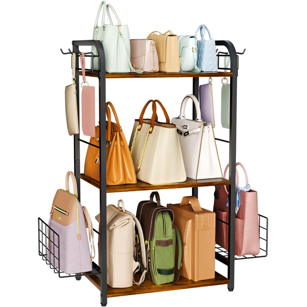 Purse Organizer with Side Hooks and Baskets for Purse Storage Floor-Standing 3-Tier Purse Rack with Adjustable Feet High-Capacity Bag Organizer for Closet Iron and Wood Purse Holder Patent Pending
