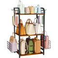 Purse Organizer with Side Hooks and Baskets for Purse Storage Floor-Standing 3-Tier Purse Rack with Adjustable Feet High-Capacity Bag Organizer for Closet Iron and Wood Purse Holder Patent Pending
