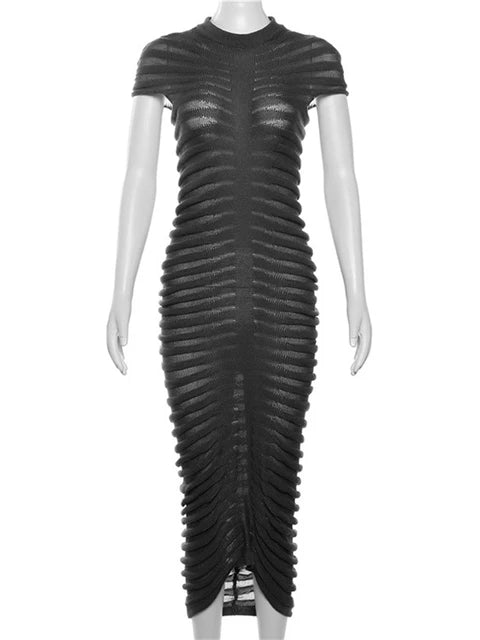 Patchwork Folds Solid Slimming Sexy Dresses For Women Round Neck Short Sleeve High Waist Temperament Dress Female
