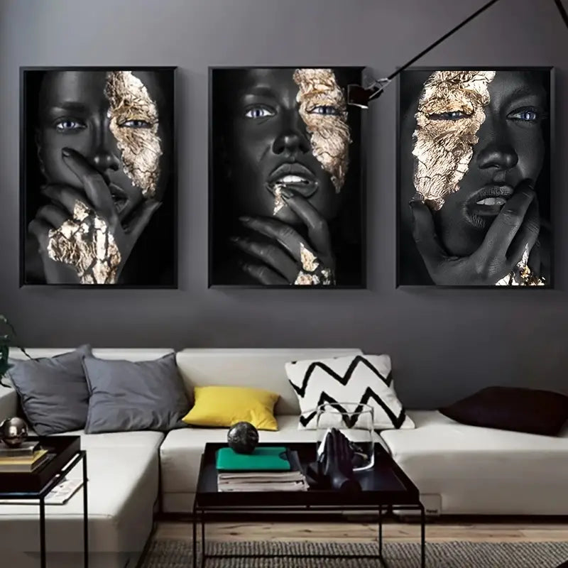 Frameless African Art Black and Gold Woman Canvas Set