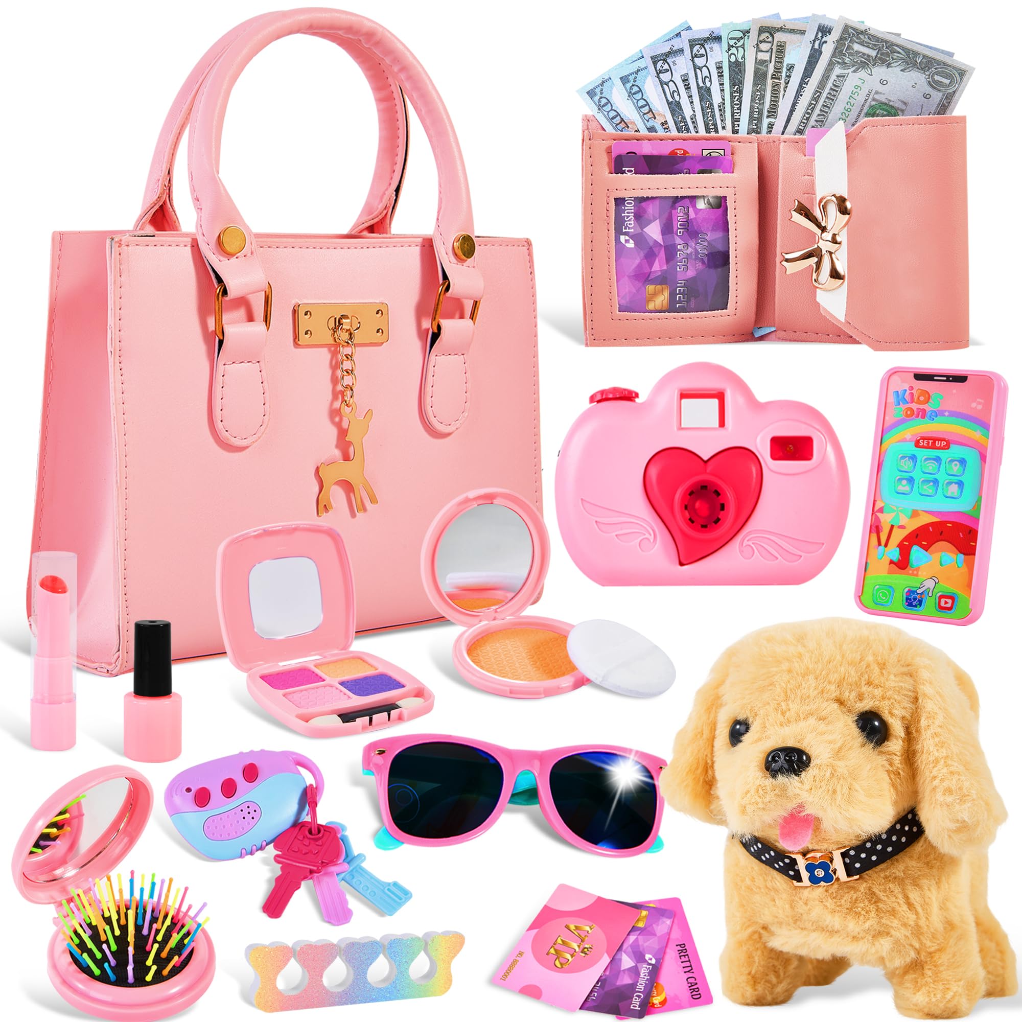 Toddler Purse for Girls Toys Play Purse for Little Girls with Pretend Makeup Handbag Phone Wallet Camera Dog Kids Purse Birthday Gift for Girls 345678 Year Old