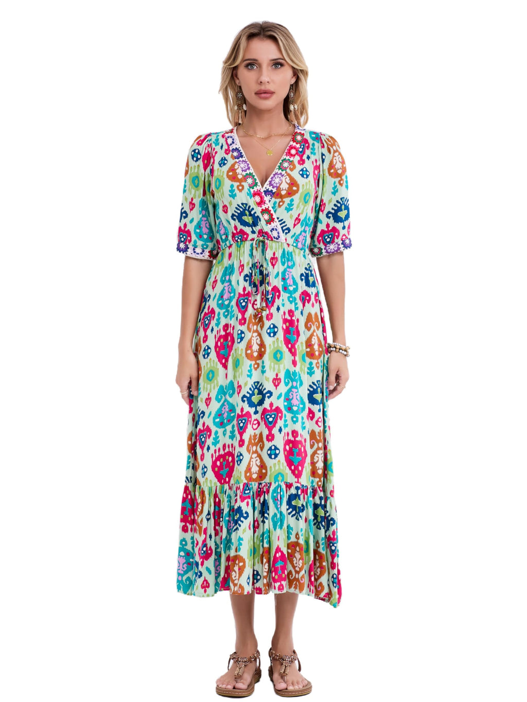 Bohjovoz Women’s V Neck Short Sleeves High Waist Floral Print Casual Bohemian Midi Dresses