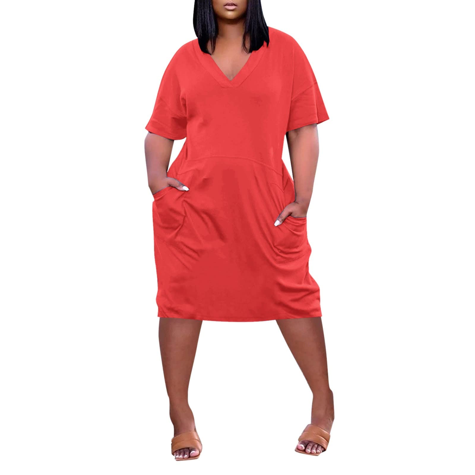 Generic Plus Size Dresses for Curvy Women 2024 Spring Summer Casual Short Sleeve T Shirt Midi Dress with Pockets Sexy Wrap V Neck A Line Knee Length Beach Vacation Dresses Resort Wear A-Red Large
