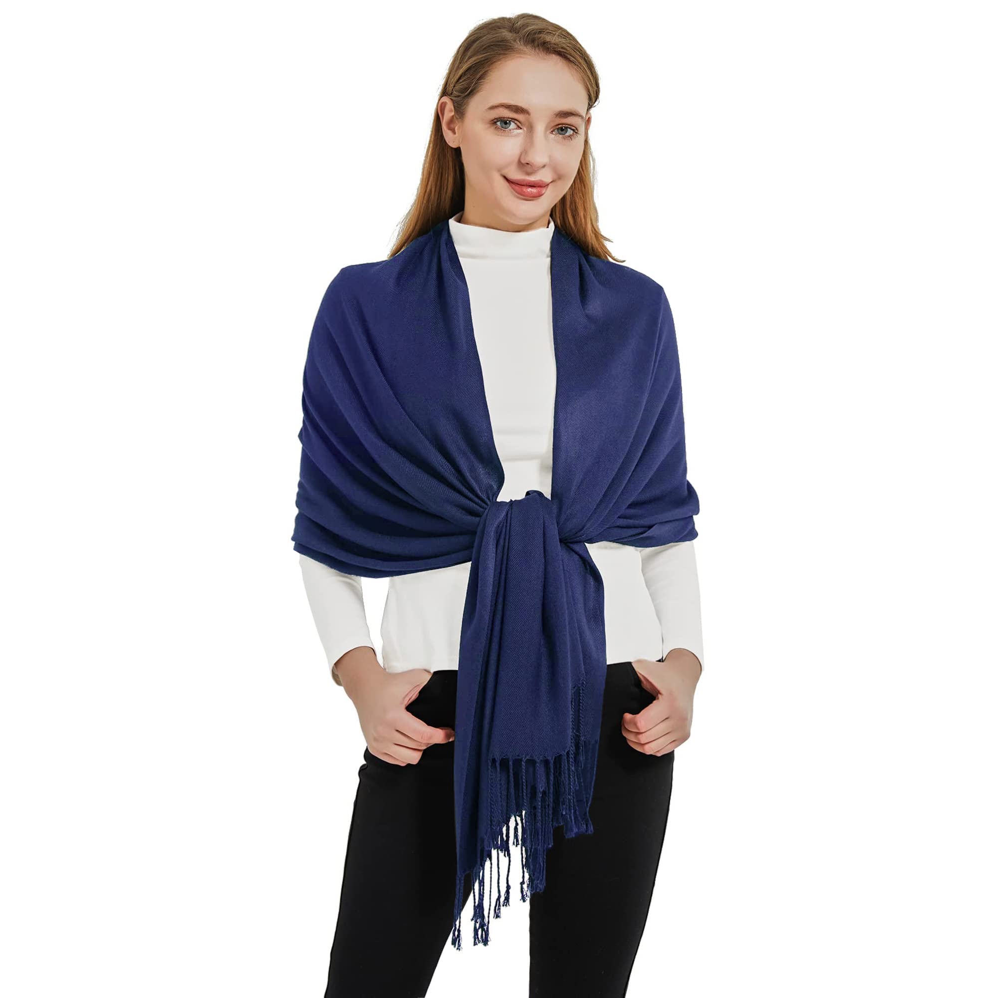 RonFoxi Womens Silky Pashmina Scarves Gorgeous Navy Shawls and Wraps for Formal Dresses (US-Navy)