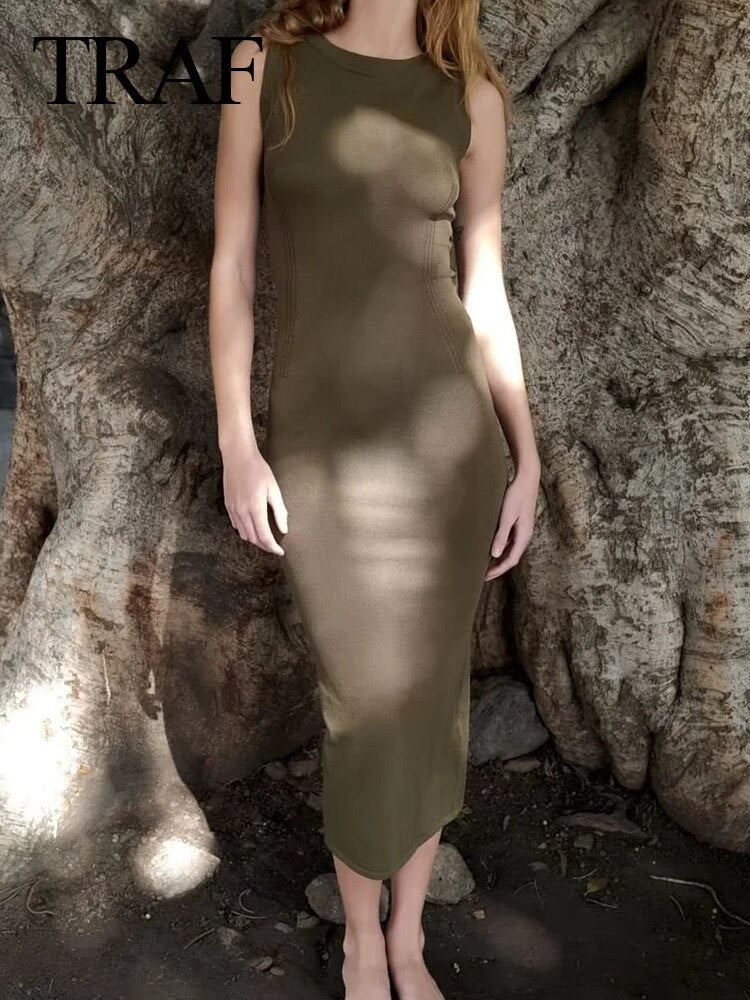 TRAF Summer Sexy Women Bodycon Dress O Neck Sleeveless Skinny Female Midi Long Dresses Female Dresses Vestidos Mujer