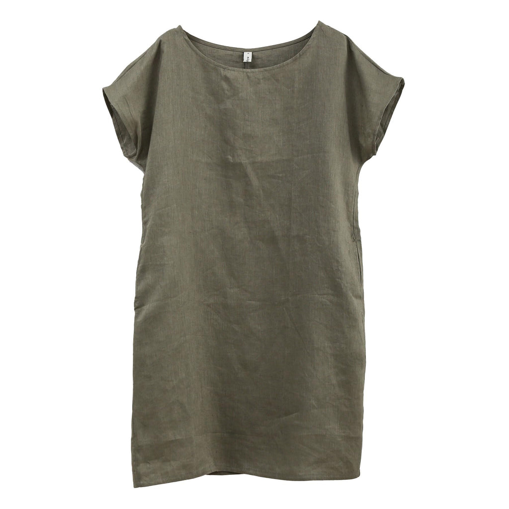 Amazhiyu Womens 100% Linen Summer Casual Crew Neck Midi Dresses with Pockets Green Small