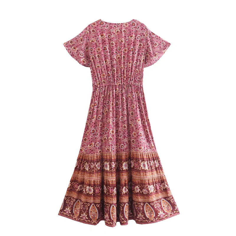 Vacation style cotton water print V-neck short sleeved dress