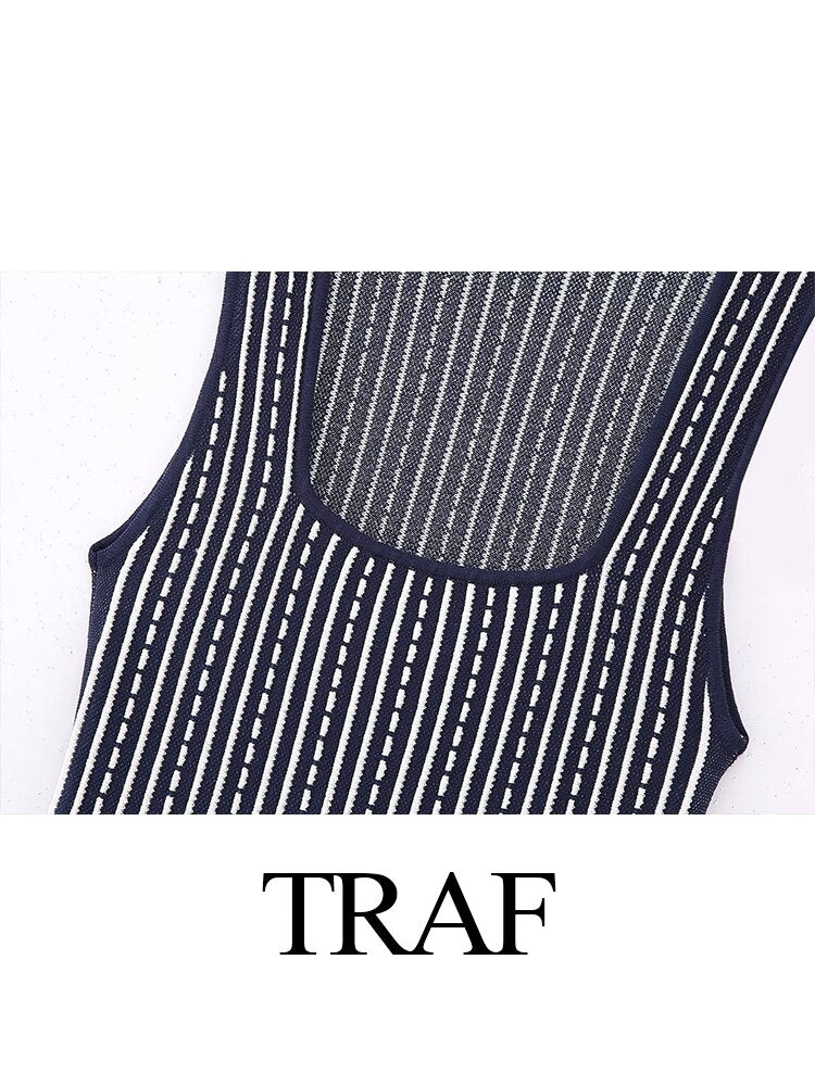 TRAF Woman 2023 New Fashion Stripe Dress Sleeveless Square Neck Ruffles Dresses For Women Sexy Evening Party Dresses