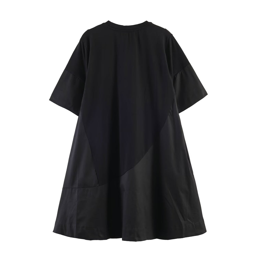 Splicing round neck short sleeved knitted cotton A-line loose dress