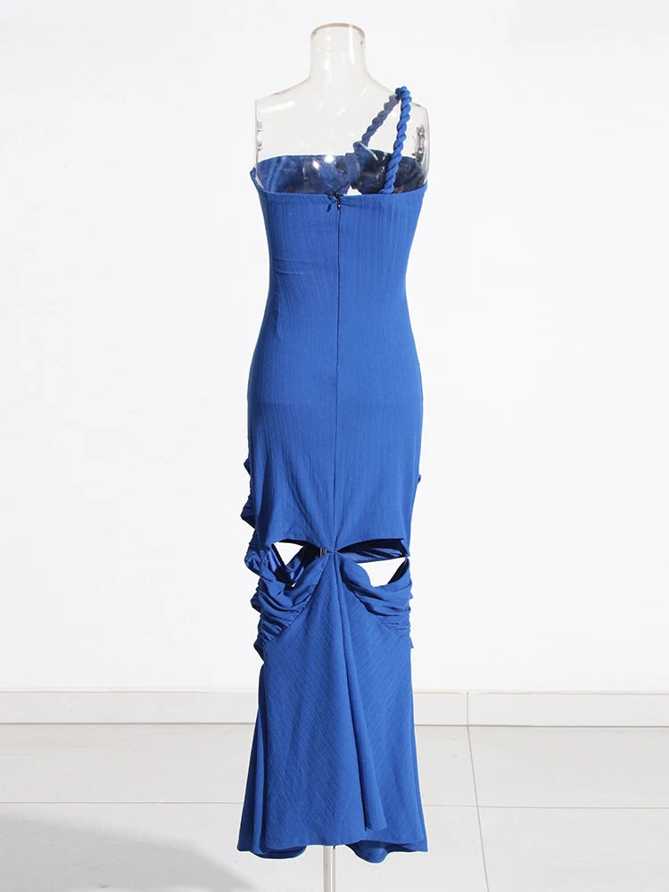 Solid Hollow Out Backless Dress For Women Diagonal Collar Sleeveless High Waist Sexy Dresses Female Fashion Style