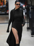 Asymmetrical Knit Long Dresses for Women Winter Fashion Kendall Outfits Gray Black Sexy Long Sleeve Slit