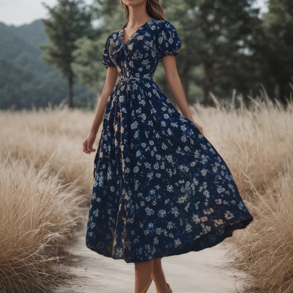 Printed V-neck loose short sleeved women's dress