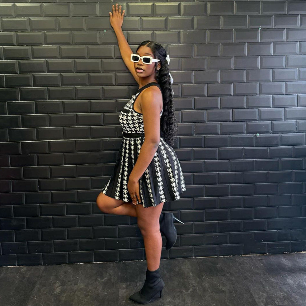 Women's Casual Dress, Summer Fashion Street Style Checkered Halter A-Line Dress
