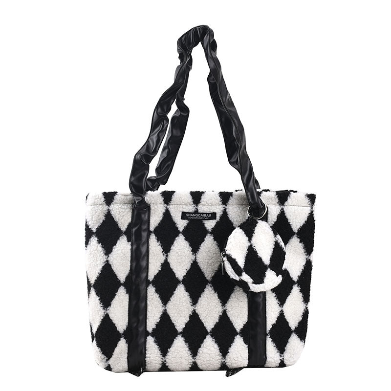 Diamond Check Color Contrast Plush Coin Purse Pendant