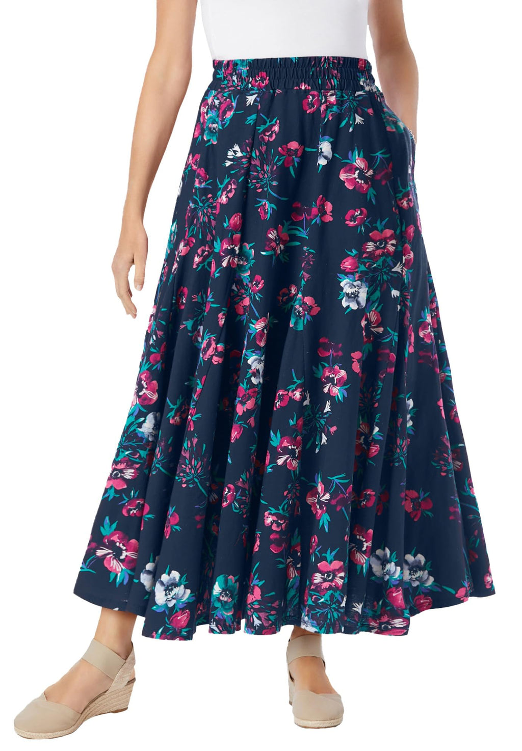 Woman Within Womens Plus Size Knit Panel Skirt - 3X Navy Painterly Floral
