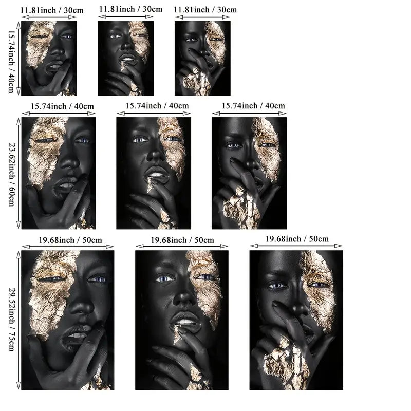 Frameless African Art Black and Gold Woman Canvas Set