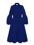 ceiyast Clergy Dresses for Women Tab Collar A-Line Long Sleeve Loose Elegant Dress(XLBlue)