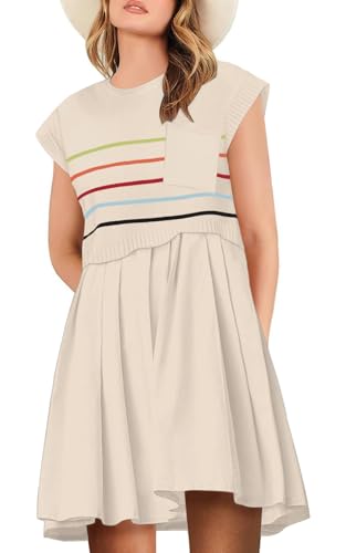 Womens Dresses Striped Knit Top Pleated Loose Swing Mini Short Sleeve Dress 2024 Trendy