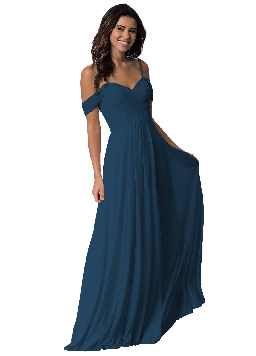 Miao Duo Off Shoulder Teal Bridesmaid Dresses with Pockets Long Pleated Chiffon Evening Dress 2