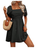 Floerns Womens Puff Short Sleeve Boho Dress Square Neck Summer A Line Dresses Black Small