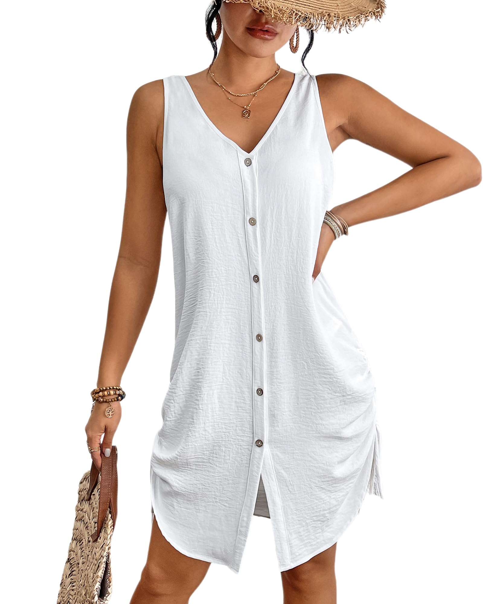 Bsubseach Swimsuit Coverup for Women V Neck Sleeveless Beach Dresses 2025 Vacation Outfits White XL
