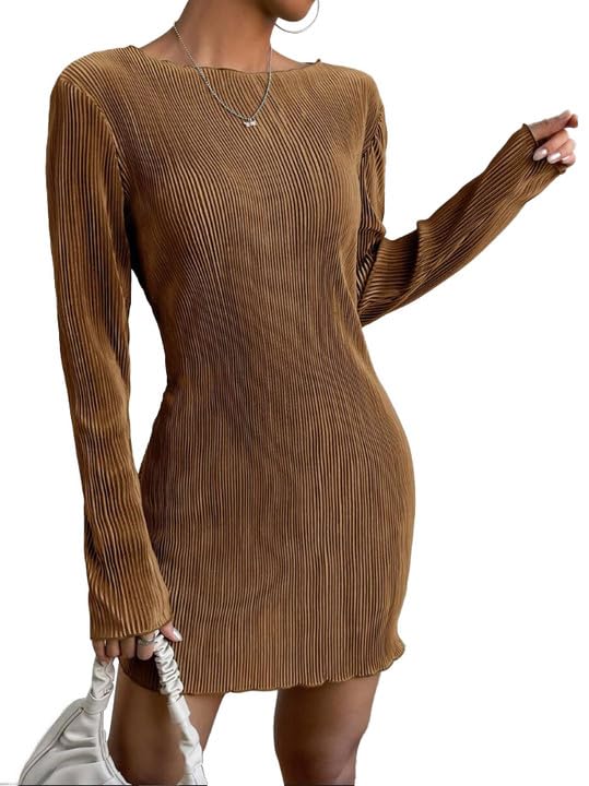 SKAYS Fall DressesBodycon Dress WomensSolid Color Dress for WomenLong Sleeve Dresses Brown S