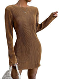 SKAYS Fall DressesBodycon Dress WomensSolid Color Dress for WomenLong Sleeve Dresses Brown S