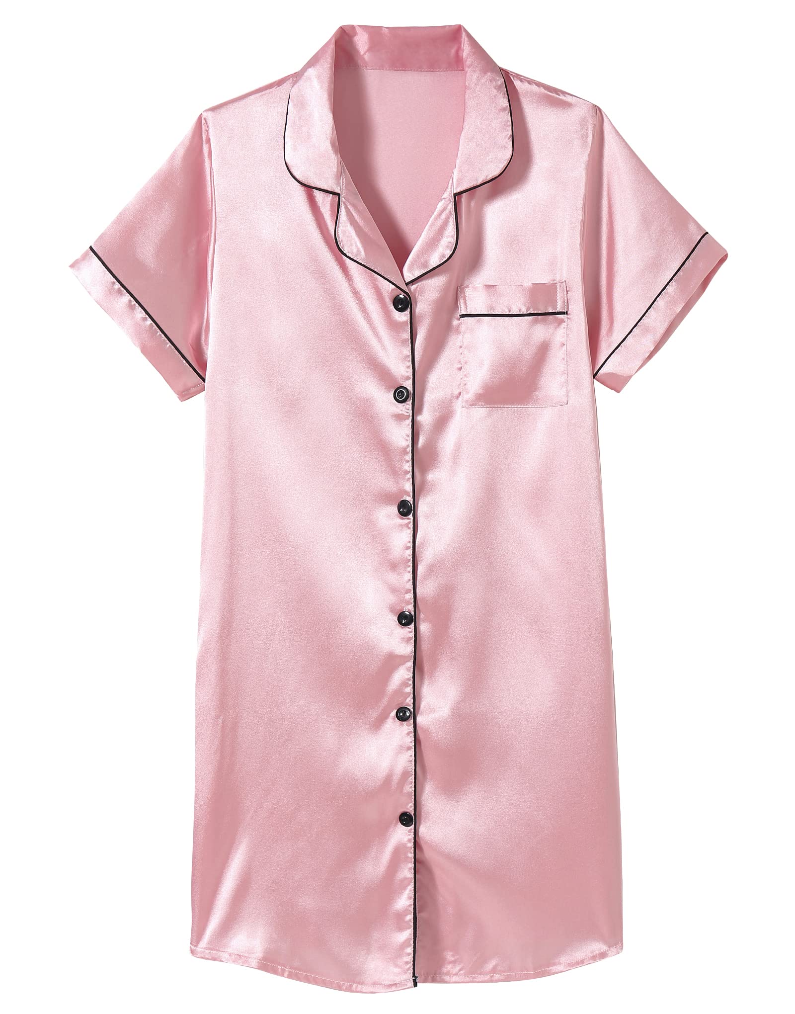 Hupohoi Girls Satin Pajamas Dress Button Down Silky Sleepwear Nightgown Short Sleeve Nightshirt Dresses Pink 14