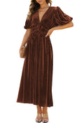 Maxigerui Womens Velvet Maxi Dress Formal Dresses for Wedding Guest Dress Coffee Brown M