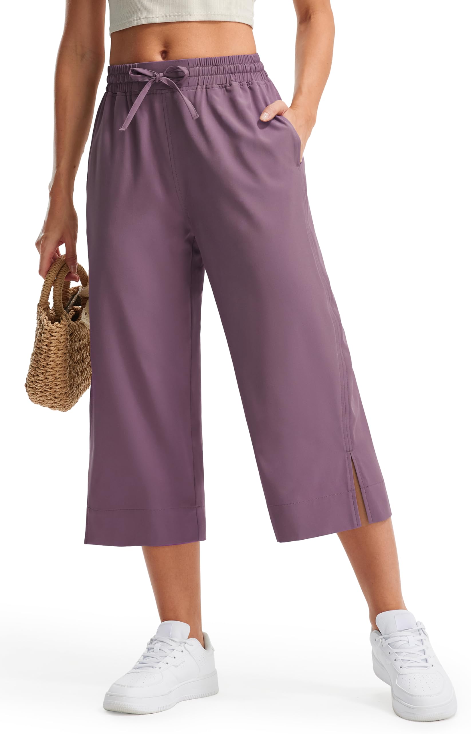 Libin Wide Leg Pants Woman Lightweight Capri Pants High Waisted Casual Lounge Travel Work Slacks with Pockets Loose Fit Hiking Walking Purple XL