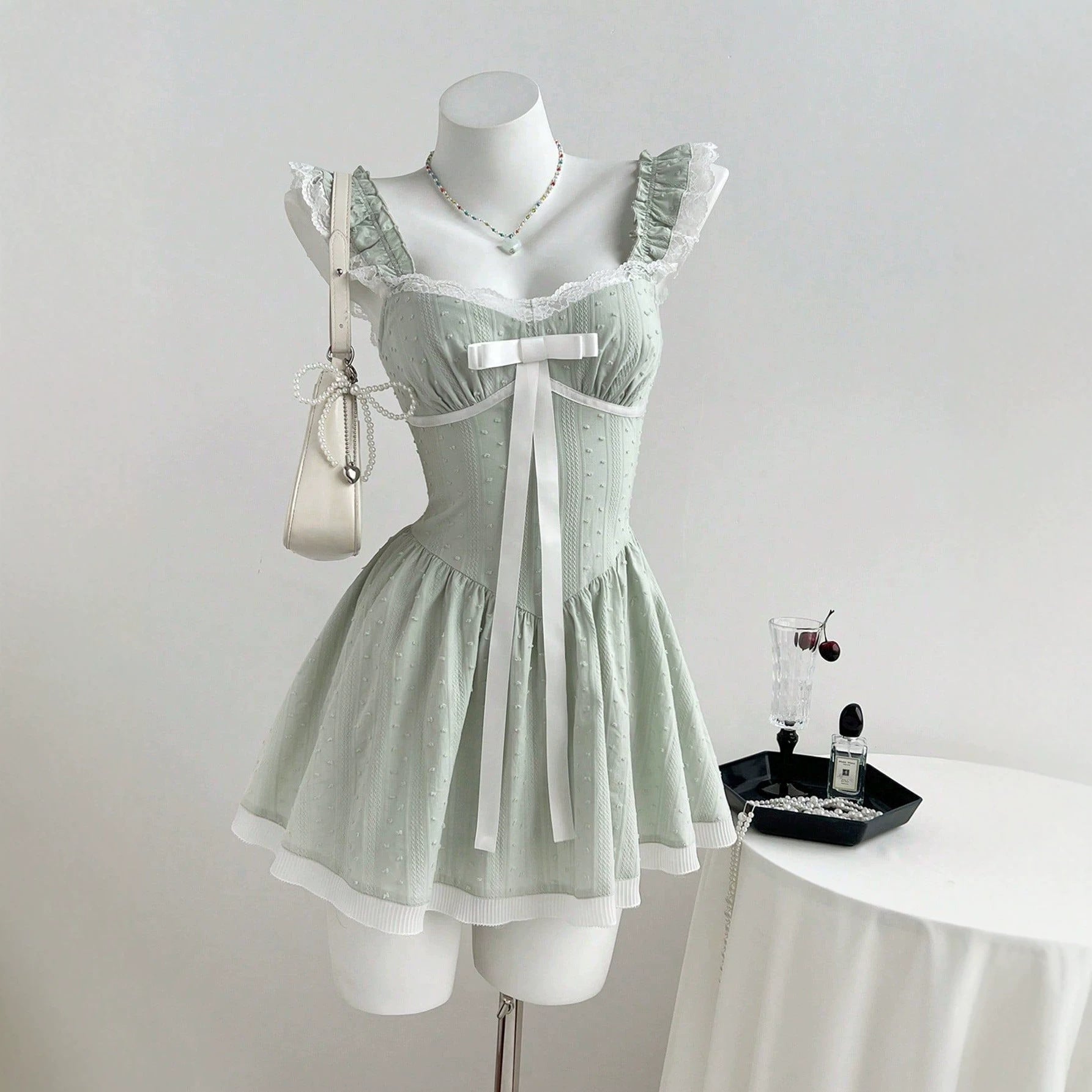 Lace lace bow women's suspender mini dress