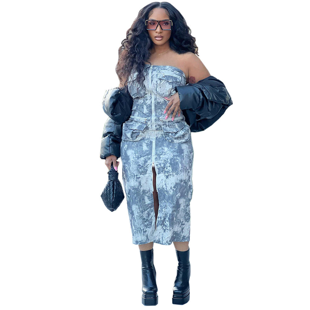 Street Fashion Sexy Crop Top Zipper Multi-Pocket Strapless Dress