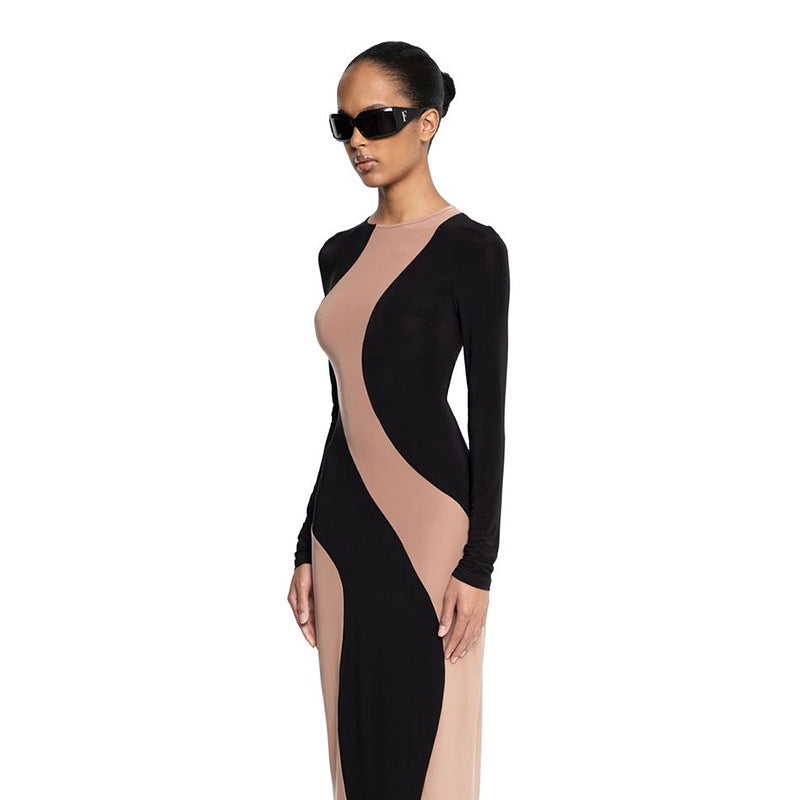 Colorblock Long Sleeve Dress Autumn Fashion Sexy Bodycon Long Dresses