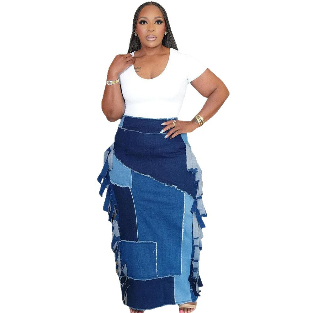 Women's Western Style Denim Skirt Fashion Washed Color-Block Fringe High Waist Midi Skirt