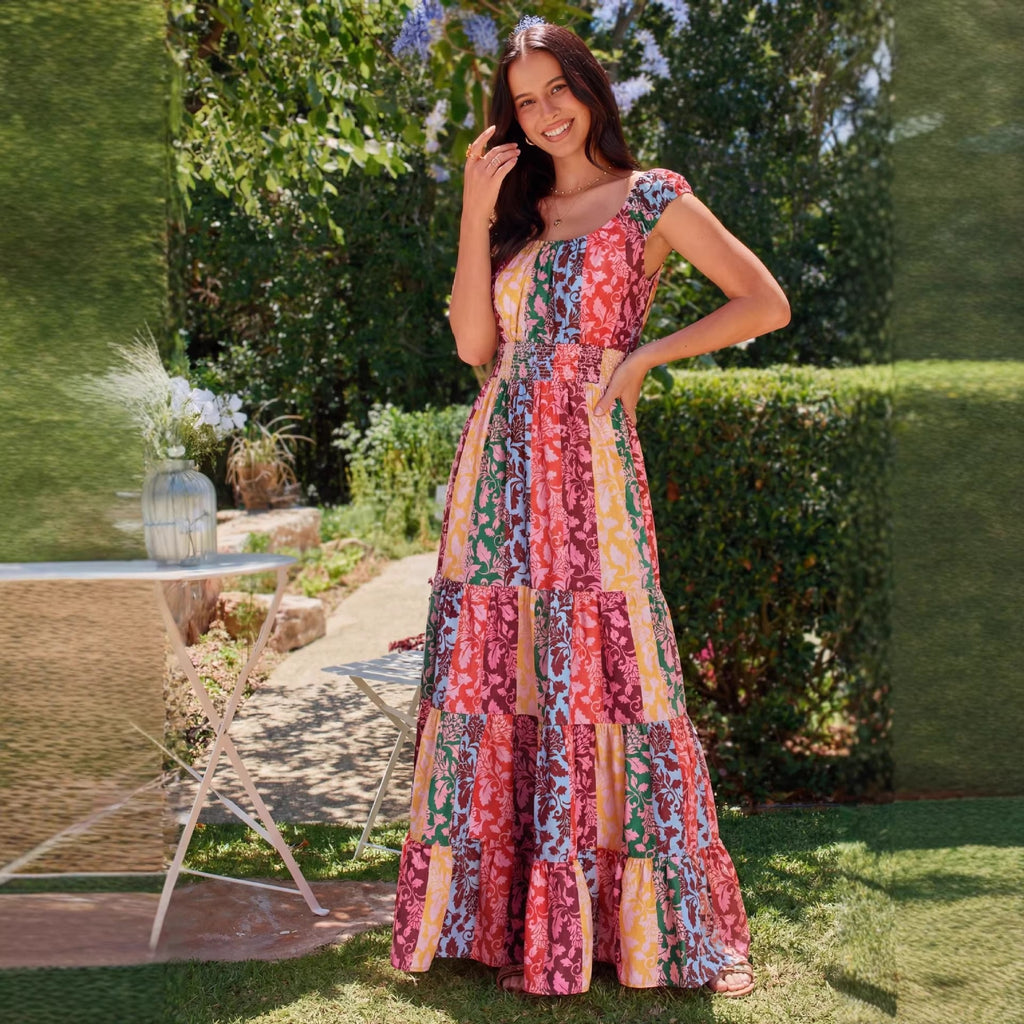 Fashion Bohemian Print Gathered Waist Dress