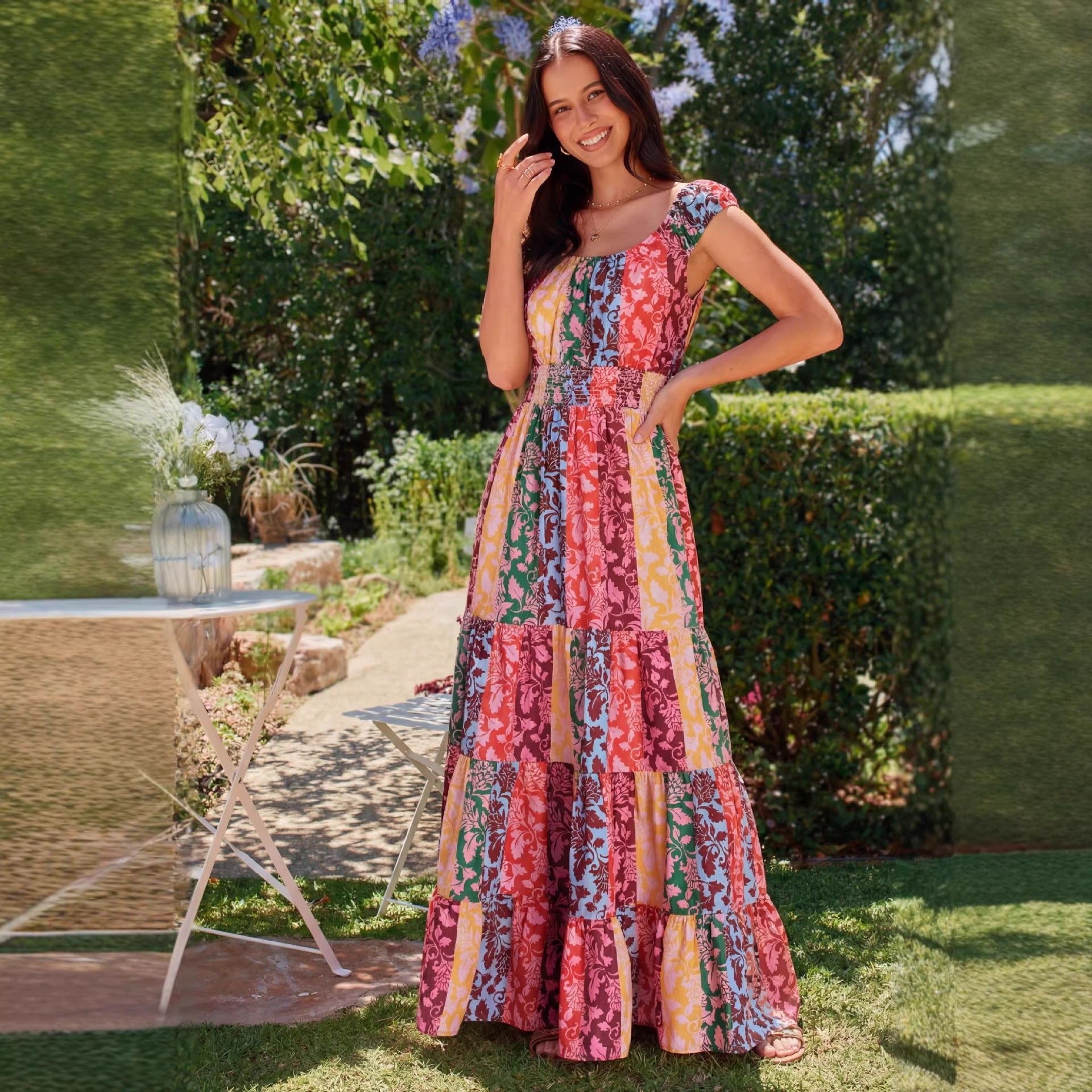Fashion Bohemian Print Gathered Waist Dress