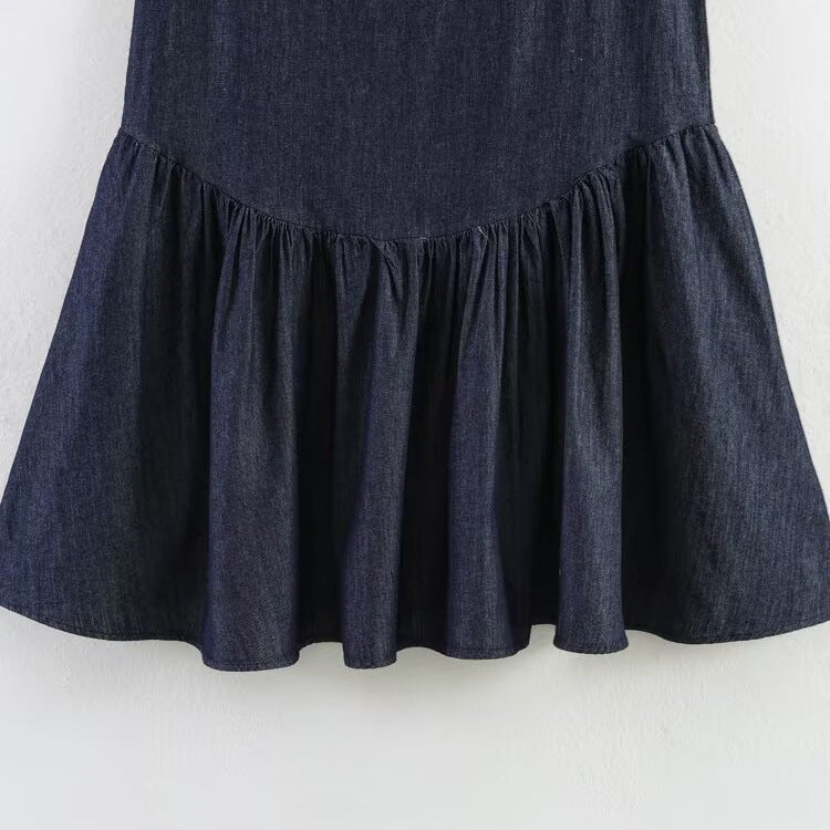 Drawstring tied bow sleeveless denim dress