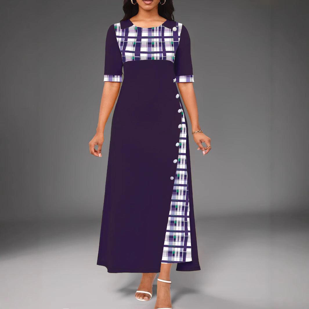 Large Stock New Style Dress Round Neck Color Block Mid Sleeve Irregular Long Dress