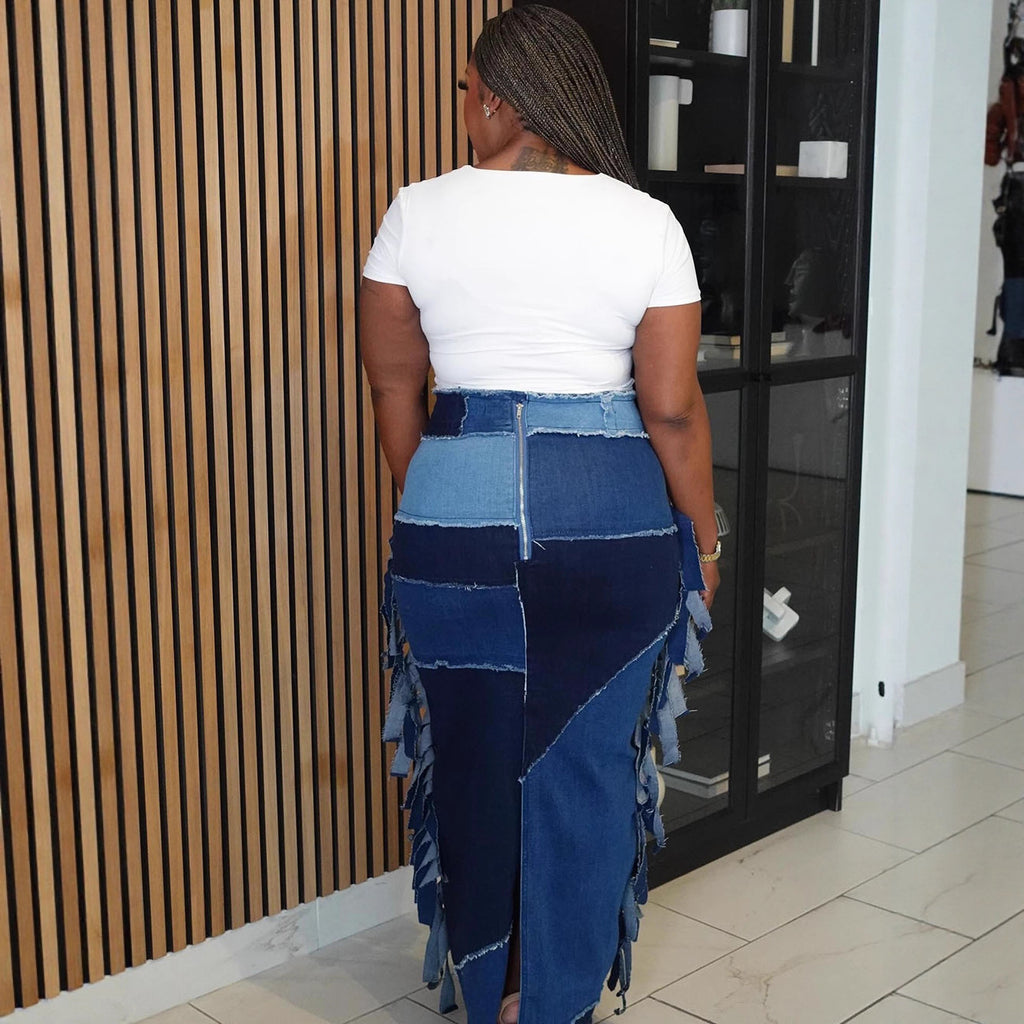 Women's Western Style Denim Skirt Fashion Washed Color-Block Fringe High Waist Midi Skirt