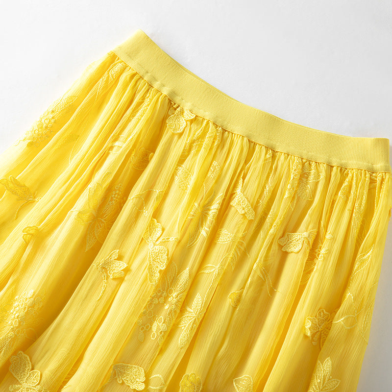 Embroidered Silk Patchwork High-Waisted Flared Yellow Midi Skirt