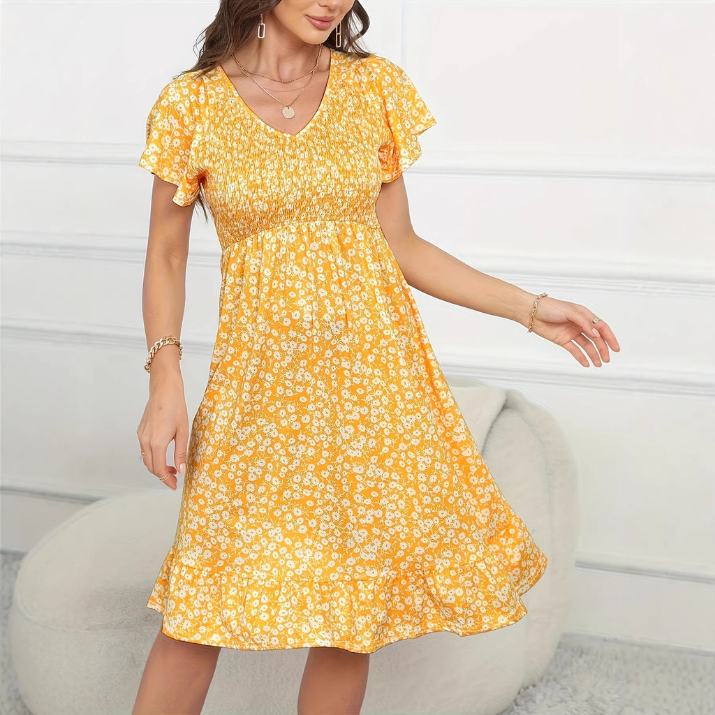 Printed Short Sleeve V-Neck A-Line Dress for Women  Summer Vacation Fashion