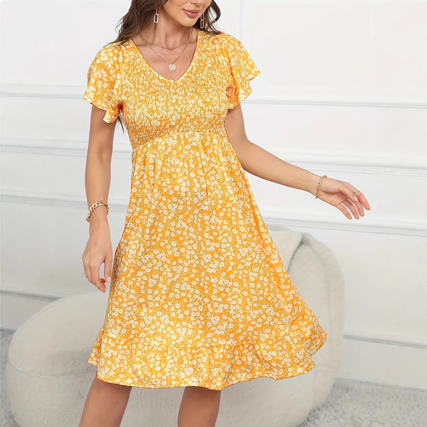 Printed Short Sleeve V-Neck A-Line Dress for Women  Summer Vacation Fashion