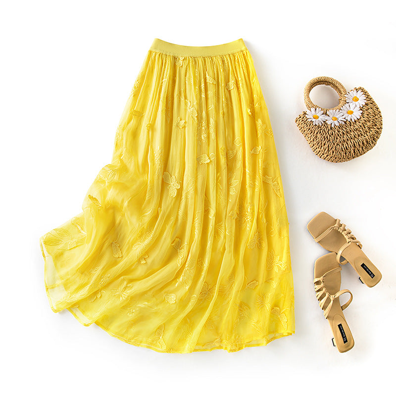 Embroidered Silk Patchwork High-Waisted Flared Yellow Midi Skirt