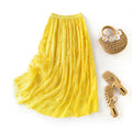 Embroidered Silk Patchwork High-Waisted Flared Yellow Midi Skirt