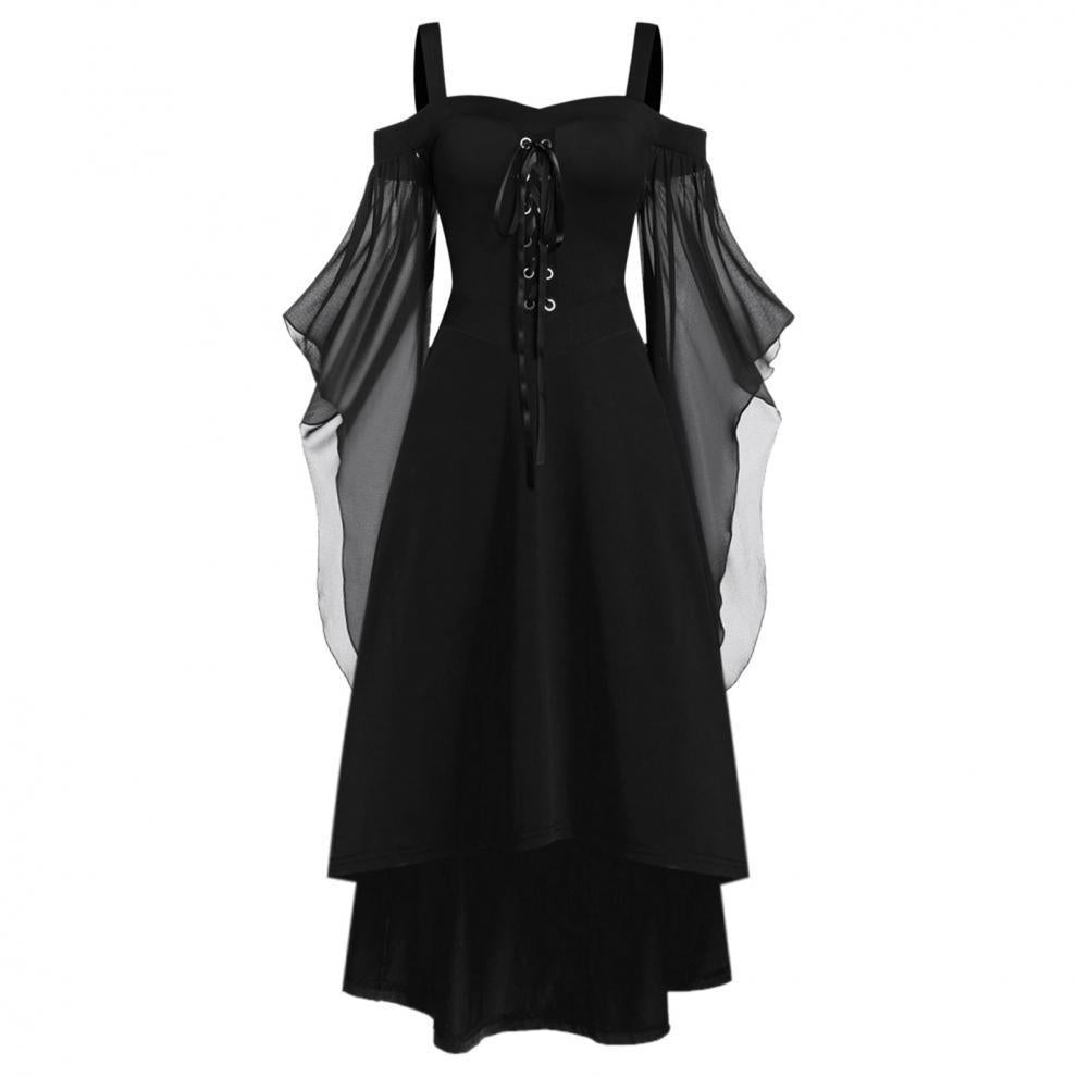 Plus Size Retro Off-Shoulder Gothic Flared Sleeve Irregular Halloween Witch Strap Tie-Up Dress