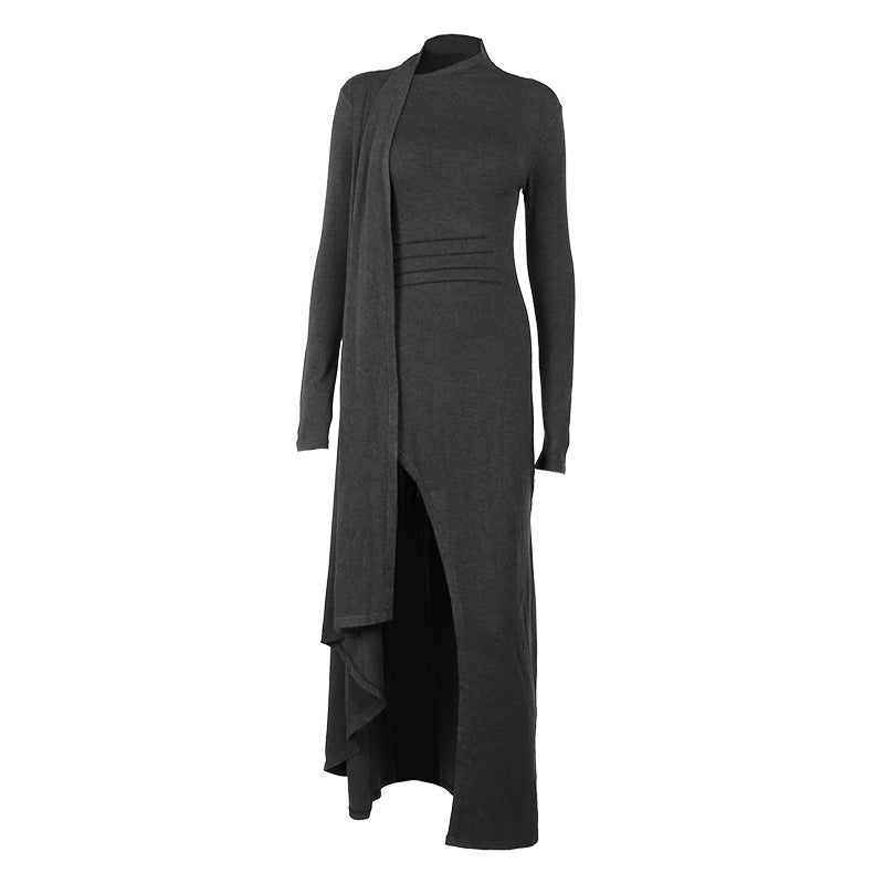 Asymmetrical Knit Long Dresses for Women Winter Fashion Kendall Outfits Gray Black Sexy Long Sleeve Slit