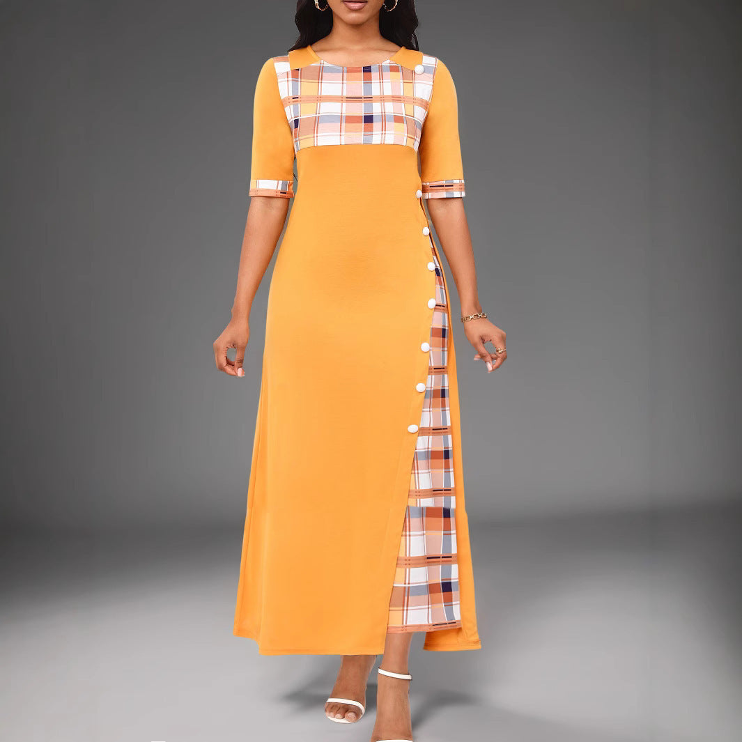 Large Stock New Style Dress Round Neck Color Block Mid Sleeve Irregular Long Dress